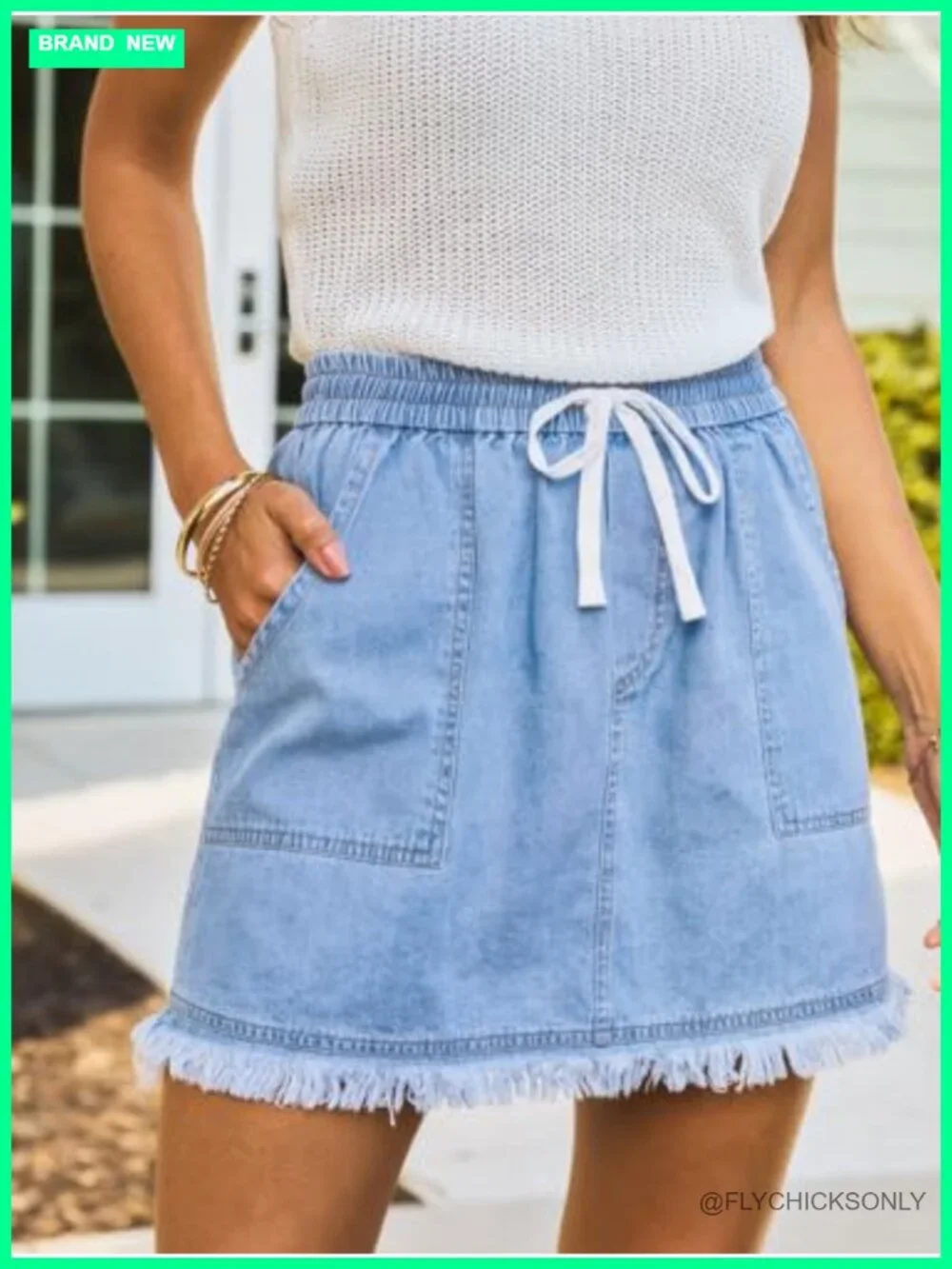 High Waist Denim Mini Skirt Drawstring Elastic Waist Frayed Hem Casual Summer